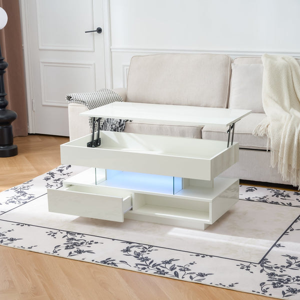 English Elm 39.3" Lift Top Coffee Table with Hidden Storage, 2 Drawers, Adjustable LED Ambience Lights and Durable Lift Mechanism White W3871P368909