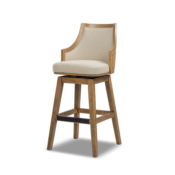 English Elm Jennifer Taylor Home - Bahama 30" Cane Rattan High-Back Swivel Bar Stool – Handcrafted Rubberwood, Wool-Poly Blend Upholstery, Brass Footrest Beige B2719P395567