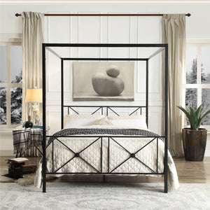 English Elm Black Queen Platform Canopy Bed with Double X Metal Frame and Medallion Accents for Modern-Traditional Bedrooms Black 84.5 L x 22 W x 4.75 H B011P207846