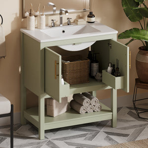 English Elm 30-Inch Green Bathroom Vanity With Ceramic Sink, Elegant Design, Smart Storage For Small Spaces WF325888AAF