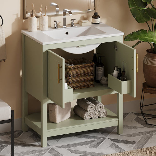 English Elm 30-Inch Green Bathroom Vanity With Ceramic Sink, Elegant Design, Smart Storage For Small Spaces WF325888AAF