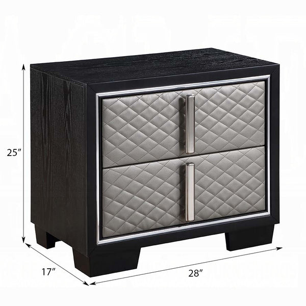 English Elm Silver Diamond Quilted 2-Drawer Nightstand with Chrome Accents, Black Finish, Spacious Top & Storage B062P209013