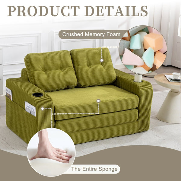 English Elm Convertible Floor Sofa Bed with Memory Foam and Ribbed Corduroy for Small Spaces Olive W395P438030