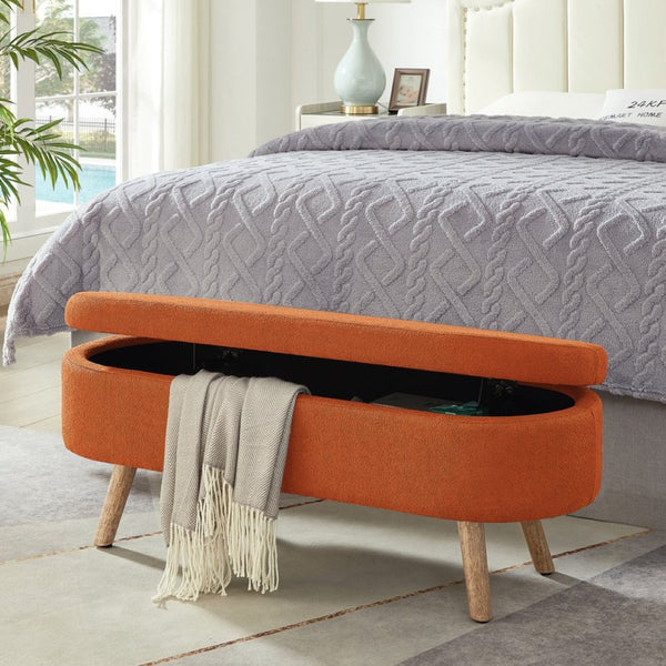 English Elm Luxury Boucle Oval Ottoman Bench with Hidden Storage Rubberwood Legs Entryway Seat Orange W2186P430720