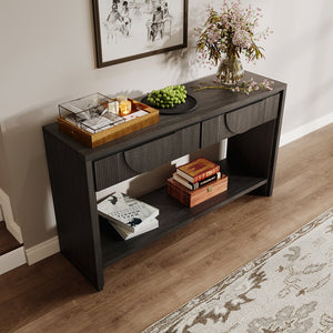 English Elm Farmhouse Distressed Console Table 55" Rustic Solid Wood Sofa Table with Carved Drawers & Shelf Black T3833P366463