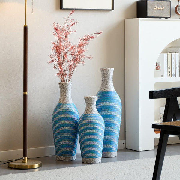 English Elm Desktop PVC Vase Set of 3 Decorative Tall Floor and Table Vases—Modern Durable Artful Accents for Home White+Blue W2796P261477