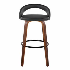 English Elm Fixed-height Swivel Barstools Walnut Bentwood Legs Black Pu Seat Metal Footrest Set B202S01856
