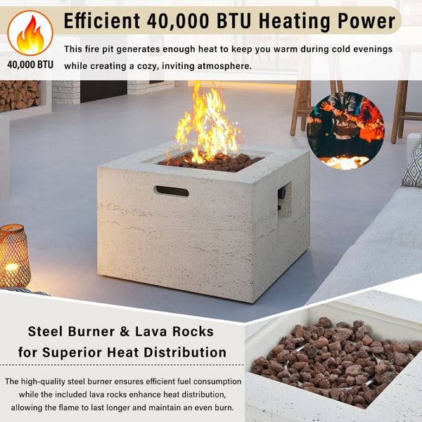 English Elm U_style Mgo Square Propane Fire Pit 40000 Btu Stone Texture Patio Table with Lava Rocks Beige N711P410544A