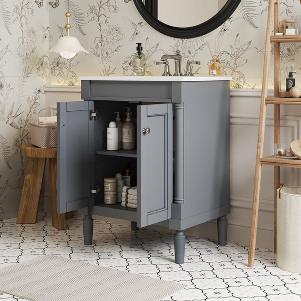 English Elm 24'' Modern Bathroom Vanity with Ceramic Basin, Solid Wood Frame, Soft-Close Doors, Ample Storage Grey N710P190503E