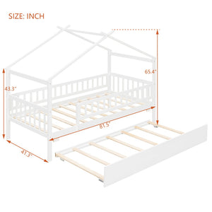 English Elm Twin House Bed with Trundle Solid Pine Frame Walnut Kids Bedroom Sleepover N708P357115K