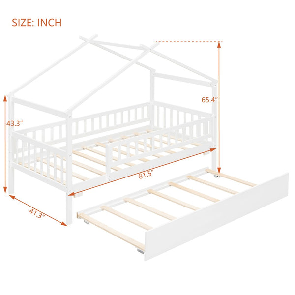 English Elm Twin House Bed with Trundle Solid Pine Frame Walnut Kids Bedroom Sleepover N708P357115K