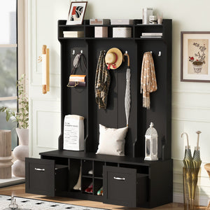 English Elm U-Can 5-in-1 Entryway Bench Hall Tree with 7 Hooks, 2 Drawers & Adjustable Shelves for Organized Homes Black N724P235232B