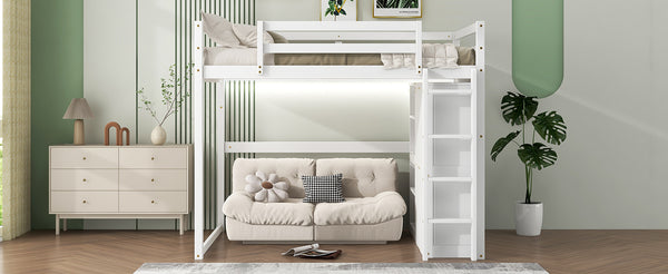 English Elm Wood Full Size Loft Bed with Built-in Wardrobe, 4-Tier Storage Shelves, LED Light, Pine MDF Durable White GX000463AAK