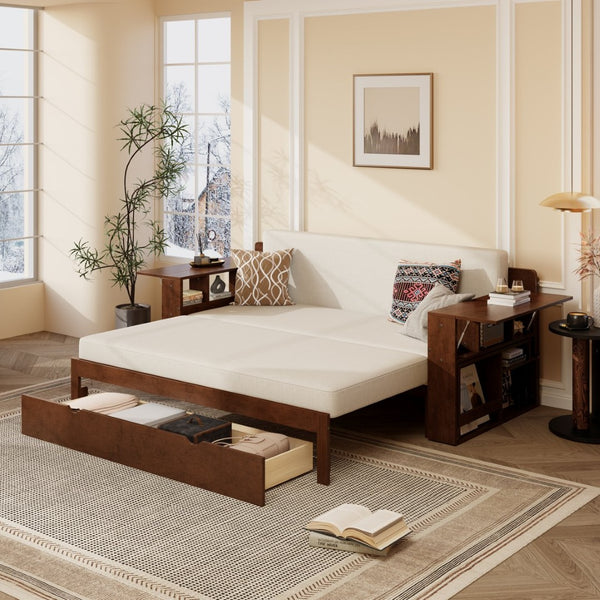 English Elm Queen Daybed with Hydraulic Desk Storage Drawers and Convertible Sofa for Small Spaces Espresso LT000272AAP