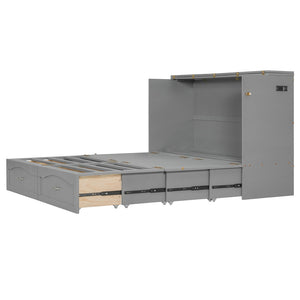 English Elm Queen Murphy Wall Bed with Drawers Usb Charging Ports Pulley Lift Mdf Cabinet Gray LP100671AAE-1