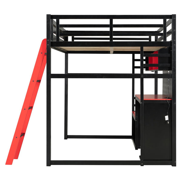 English Elm Full Size Gaming Loft Bed with Built-in Desk Led Lighting Usb Ports and Pegboard Black+Red LT000270AAR