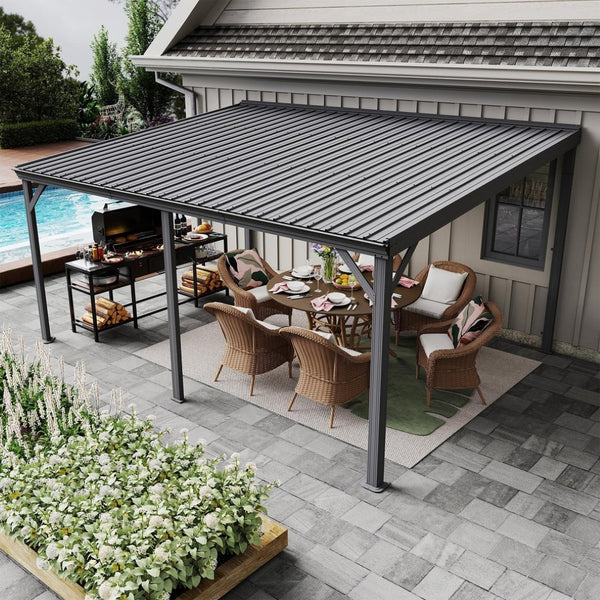 English Elm 10'x16' Wall Mounted Hardtop Gazebo Galvanized Steel Roof Patio Lean to Canopy Grey W1859S00223