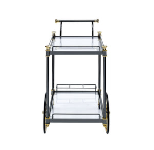 English Elm Cyrus Clear Glass Serving Cart with Black/Gold Metal Frame, Wine Rack, Handle & Smooth Casters B2726P256279