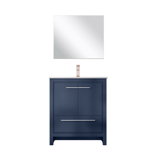 English Elm Navy Blue Bath Vanity Set With Cultured Marble Top, Rose Gold Faucet & Matching 28 In. Mirror B2731S02050