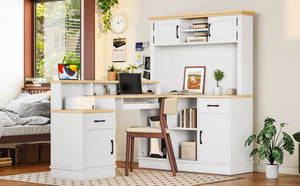 English Elm L-shaped Corner Computer Desk with Built-in Outlets Drawers and Open Shelving Storage W1580S00269