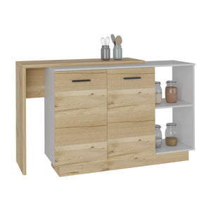 English Elm Kitchen Island With Double Door Cabinets, Two Open Shelves, Modern White & Light Oak Design Upgrade B097S00156