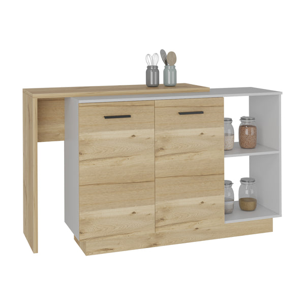 English Elm Kitchen Island With Double Door Cabinets, Two Open Shelves, Modern White & Light Oak Design Upgrade B097S00156