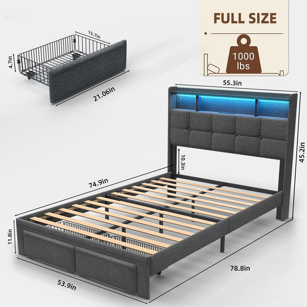 English Elm Full Linen Upholstered Bed with LED Lights, 20W Fast Charging, 2 Drawers & Memory Foam Headboard - Dark Gray W1550P190361