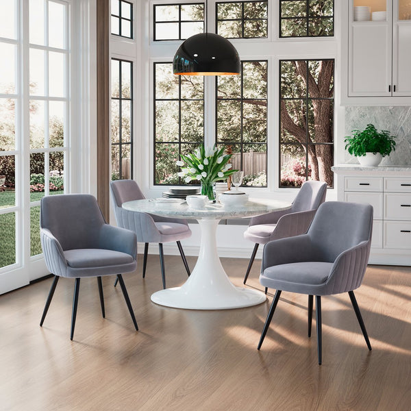 English Elm Grey Modern Mid-Century Upholstered Accent Chairs Set of 2 — Channel-Tufted Velvet Feel, Black Legs B347P339728