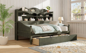 English Elm Twin Daybed Retro Wood Frame with Under Bed Drawers and Headboard Shelving Antique Grey N733S415358E