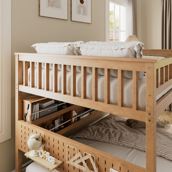 English Elm Full Over Bunk Bed with Led Lighting Pegboard Shelving and Pine Wood Frame Brown LT000278AAP