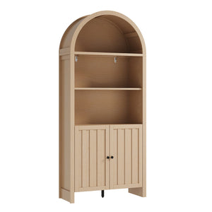English Elm 71" Tall Farmhouse Bookshelf with Arched Top and Lower Cabinet, Rustic Slatted Doors, Sturdy Design Natural T3771P371395