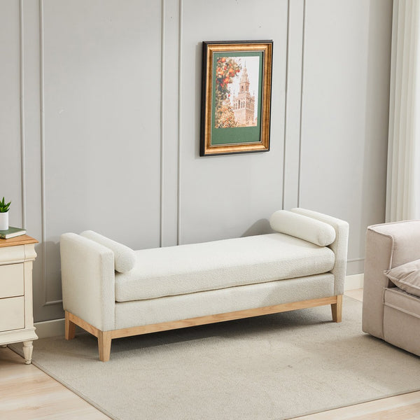 English Elm 66.34"W Elegant Upholstered Bench With Natural Wood Legs & 2 Bolster Pillows For Stylish Seating W3188S00018
