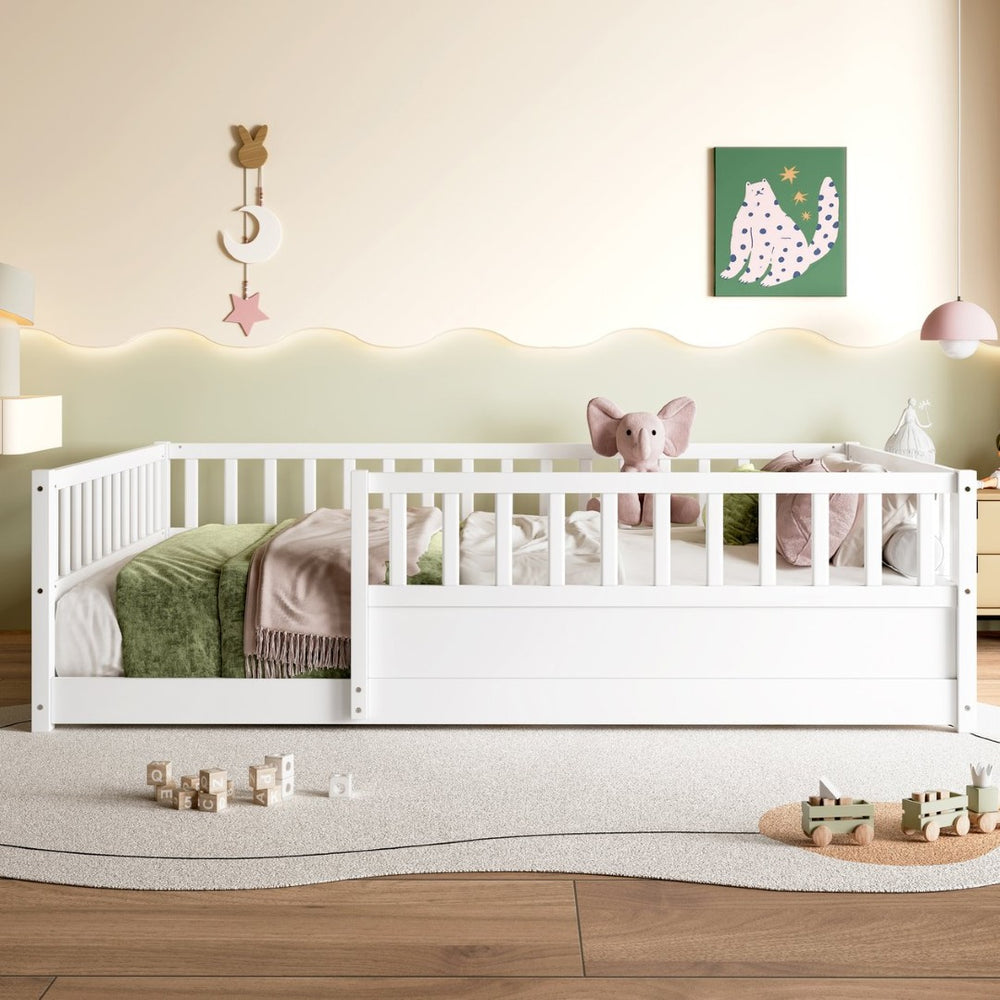 English Elm Twin Montessori Floor Bed Solid Pine Frame with Safety Fence Door for Kids Play Space White W1858P382400
