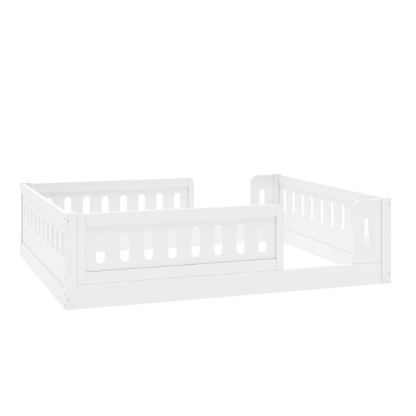 English Elm Wood Full Size Kids Platform Bed Solid Pine Guardrail Low Profile Safe Sleep Frame White N709P321458K