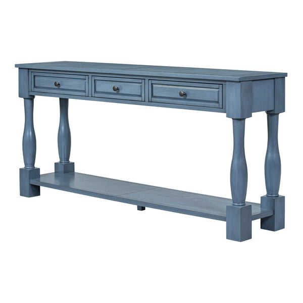 English Elm Trexm Distressed Entryway Console Table Three Drawers Open Shelf Mediterranean Wood Navy N715P372052M