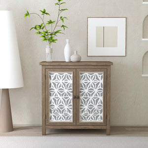 English Elm Rustic Vintage Wood Storage Cabinet with Metal Frame & Linen Doors, Dustproof Geometric Design, Easy Assembly W808P245584