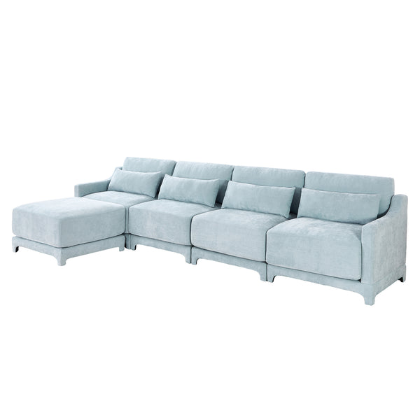 English Elm Four-Seater Sofa Set With Movable Ottoman, Ergonomic Chenille Design, Sky Blue For Stylish Living Spaces W714S01211