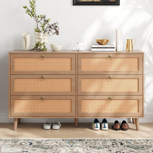 English Elm Rattan 6-Drawer Double Dresser with Handwoven PE Rattan Fronts, Wood Top, Copper Pulls, Spacious Storage Vintage T3623P411339