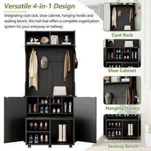 English Elm On-Trend 4-In-1 Farmhouse Hall Tree: Movable Bench, 7 Hooks, Shoe Storage & Rustic Style For Entryway N721P205788B-GIGA