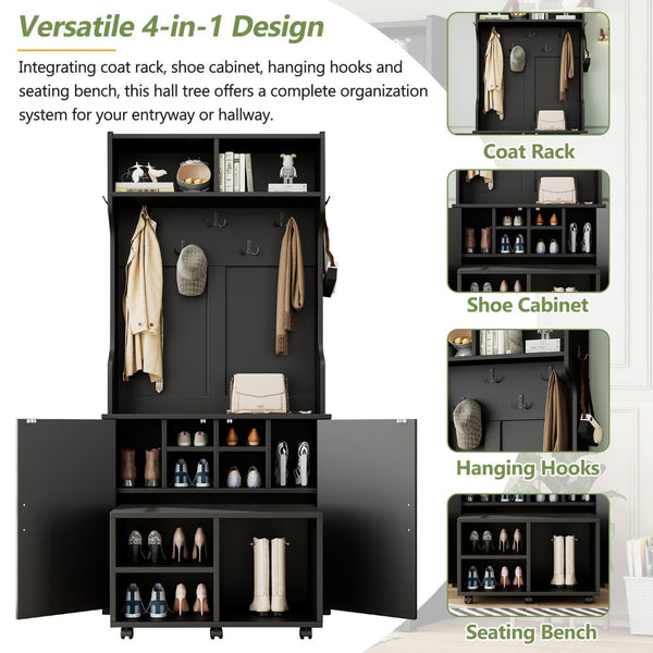 English Elm On-Trend 4-In-1 Farmhouse Hall Tree: Movable Bench, 7 Hooks, Shoe Storage & Rustic Style For Entryway N721P205788B-GIGA