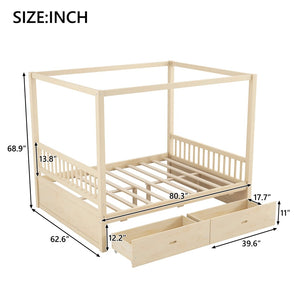 English Elm Wooden Canopy Queen Bed Solid Frame with Built-in Storage Drawers Slatted Base Natural N7090005036N