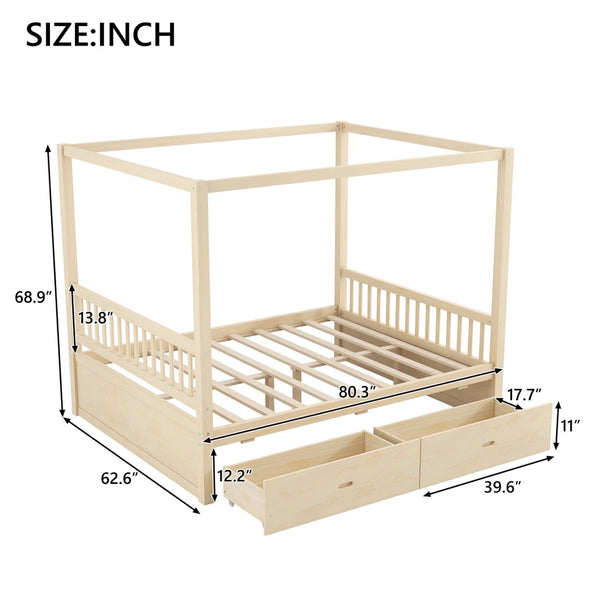 English Elm Wooden Canopy Queen Bed Solid Frame with Built-in Storage Drawers Slatted Base Natural N7090005036N