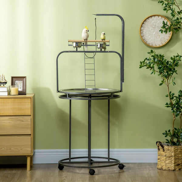 English Elm PawHut Large Parrot Play Stand with 3 Ladders, Toy Hook, Wheels & Removable Tray for Birds Gray W2225P173756