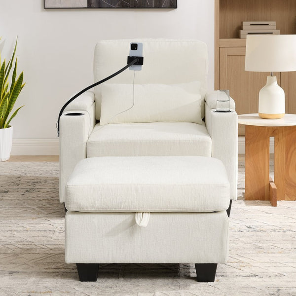 English Elm Single Chenille Manual Recliner with Usb Port Hidden Storage Ottoman and Cup Holders Beige W487P423650