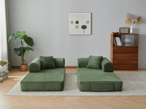 English Elm 78.8" Corduroy Modular Floor Sofa Convertible Sleeper Futon with Pillow Back Support Army Green W5617P455966