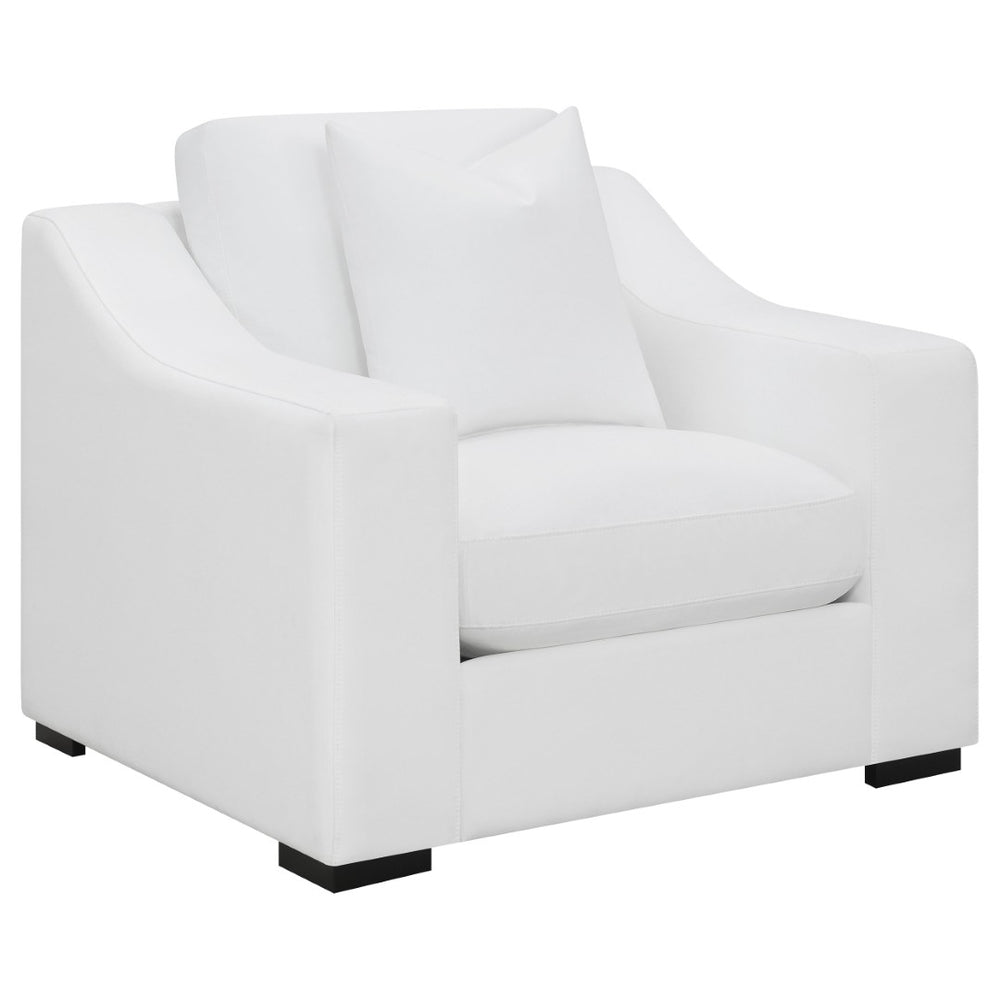 English Elm Chelan White Fabric Accent Chair with Sloped Arms Boxed Cushions and Cappuccino Wood Legs B062P440261