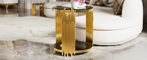 English Elm Modern Round Mirrored Glass End Table with Gold Metal Frame and Lower Display Shelf Black N735P380092B
