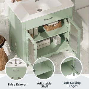 English Elm Christopher Knight Home® - 30 Inch Bathroom Vanity With Tempered Glass Doors, Soft-Close, Modern Green Cabinet & Ceramic Sink N817P299499G