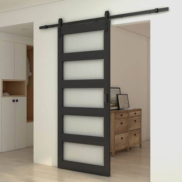 English Elm 30 in Matte Black Steel Sliding Barn Door Frosted Glass Privacy Panel with Hardware B2763P483235