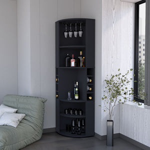 English Elm Fm Furniture Clifton Tall Corner Bar Cabinet with Wine Rack Stemware Hanger Warm Finish B128S00064